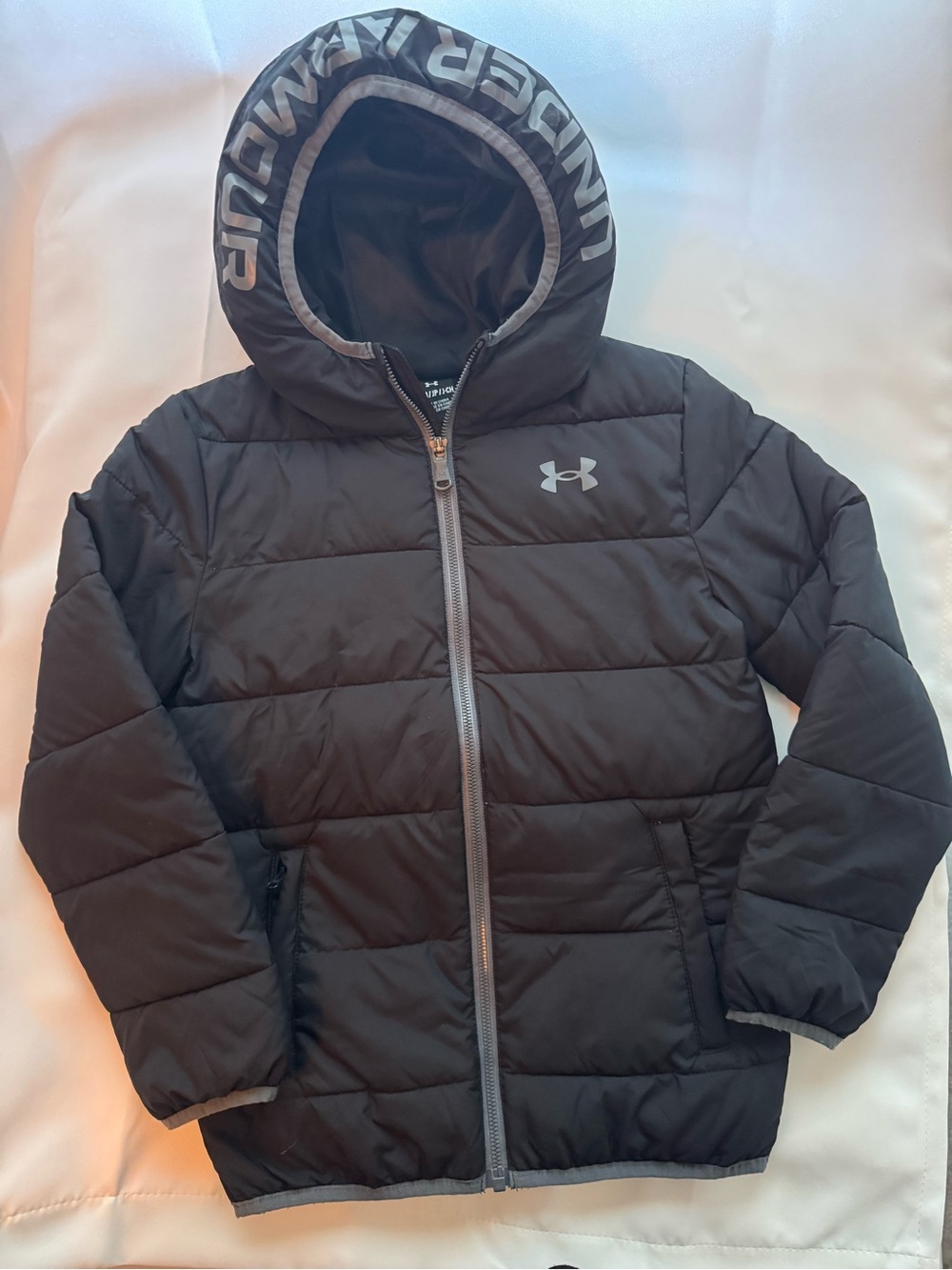 Under Armour Kids Black Hooded Puffer Jacket with Gray Trim